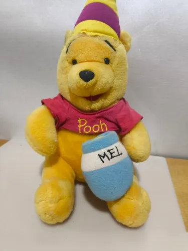 Ursinho Pooh De Pelúcia Antigo Com Pote De Mel E Chapéu De Festa