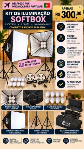 KIT DE ILUMINAÇÃO PROFISSIONAL - 2 SOFTBOXES + 8 LÂMPADAS + TRIPÉS
