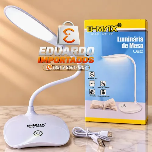 Luminária de Mesa LED Recarregável Touch Articulável B-Max, Abajur Flexível 