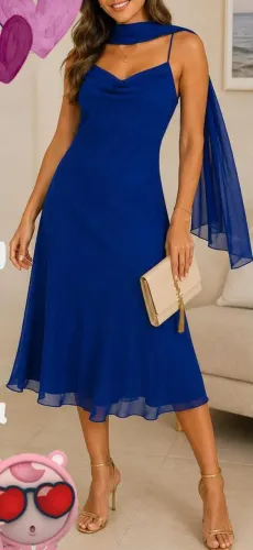 Lindo Vestido Festa Midi Azul com Echarpe