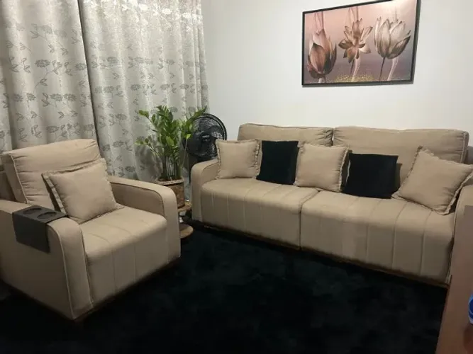 Poltrona Diamante e Sofá Living Diamante em Linho Bege