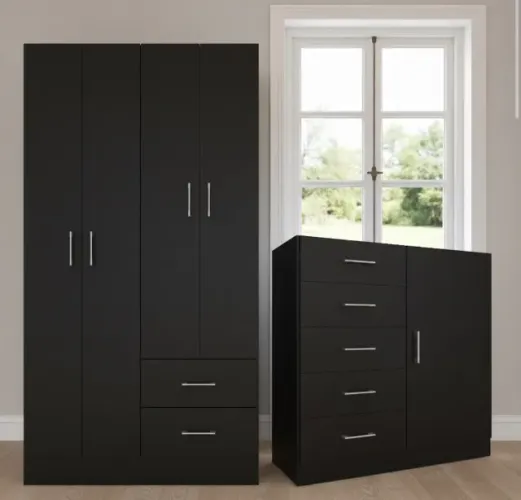 Conjunto Quarto Essencial Guarda-Roupa 4 Portas e Cômoda 5 Gavetas com Sapateira Preto