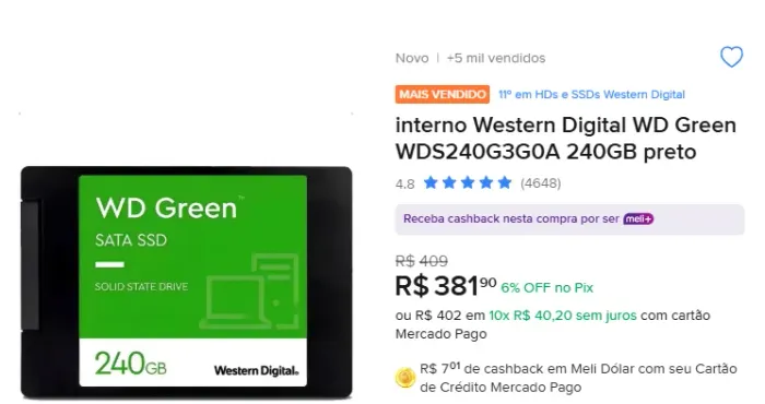 Vendo HD ssd 240GB por 120 reais