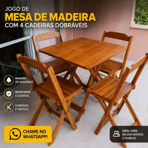 Jogo de Mesa de Madeira com 4 Cadeiras Dobráveis - Resistente e Elegante