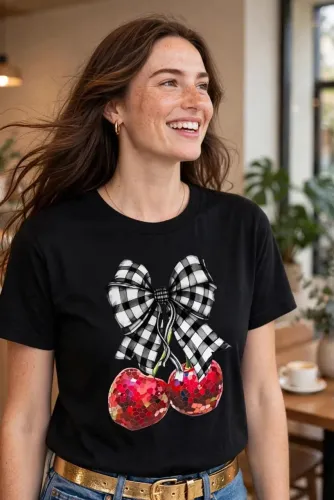Blusinha Feminina Cereja Laço Xadrez Preta