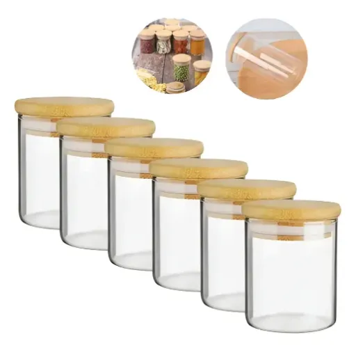 Kit 6 Pote Tempero Vidro Hermético Tampa Banbú Para Cozinha Novo, sem uso.