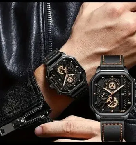 Relógio de Presente Masculino Moda Casual, pulseira preta de couro,<br>