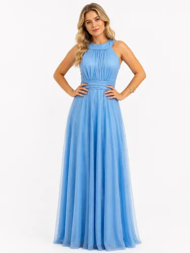 Vestido Longo Evasê Gola Alta Tule Azul Serenity
