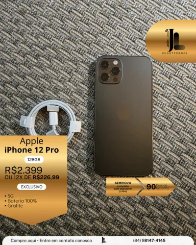 IPHONE 12 PRO, 5G, 128GB, GRAFITE, BAT 100%, SEMINOVO, EXCLUSIVO!