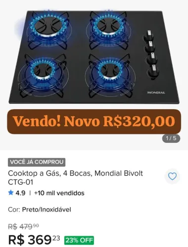Cooktop a Gás, 4 Bocas, Mondial Bivolt