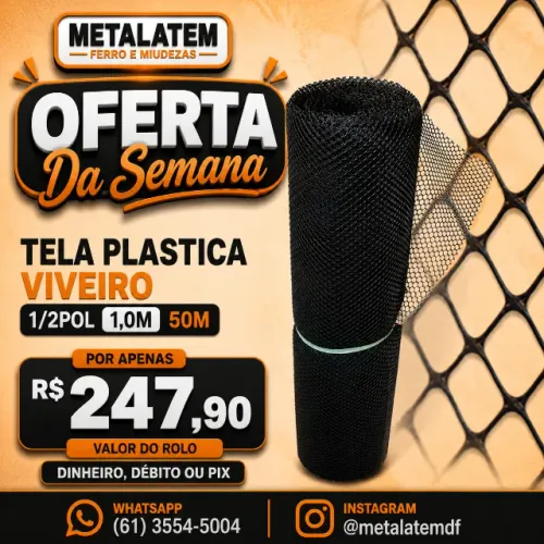 Tela Plástica Viveiro 1/2" 1,00m x 50m Rolo