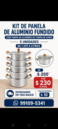 Kit de panela de Alumínio fundido com 5 unidades com tampa de Alumínio ou tampa de vidro