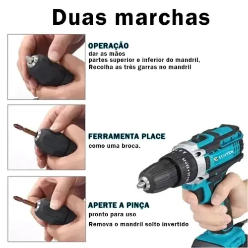 Furadeira Parafusadeira 3/8" bateria 21V ou 12V com maleta e acessórios/ECOSEN Furadeira e