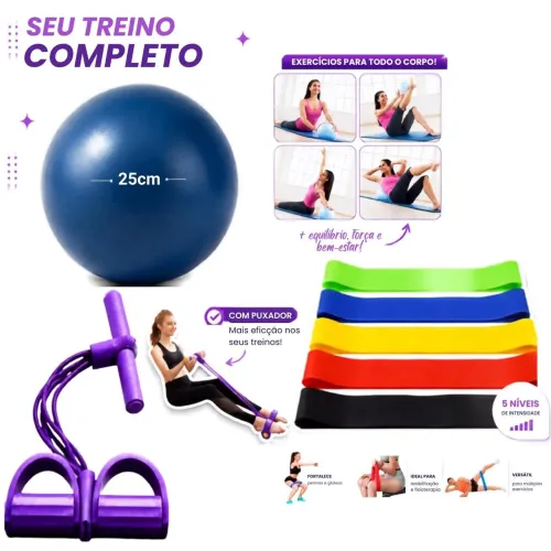 Kit Treino em Casa Faixa + Elástico + Bola 25cm