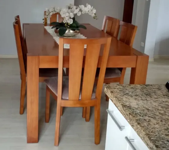 VENDO CONNJUNTO MESA DE JANTAR RETANGULAR MACIÇA c 06 CADEIRAS USADA R$1.600,00.