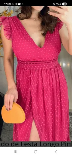 Vestido de Festa Longo Pink de Tule Poá com Fenda na Saia Tam.38