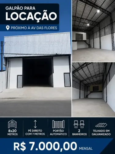 GALPÃO P/ LOCAÇÃO MEDINDO 250 m2 P/ LOCAÇÃO EM VIA PRINCIPAL DE FRENTE AV, DAS TORRES!
