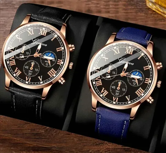 Kit Com 2 Relógio Masculino Geneva Quartzo Correia Cor Azul e Preto Couro PU Elegante Luxo