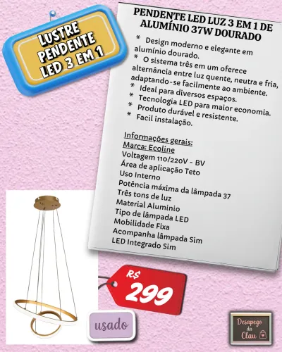 Pendente LED 3 em 1 de Alumínio 37W Dourado - Ecoline