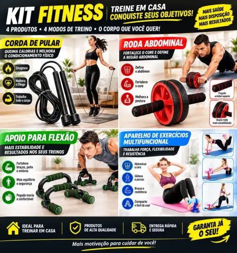 KIT FITNESS COMPLETO - 4 EQUIPAMENTOS PARA TRANSFORMAR SEU TREINO!