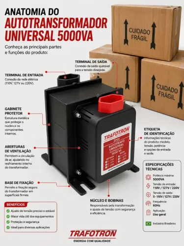 Auto transformador Universal 5000VA, novo e eficiente. Ideal para ajuste de tensão!