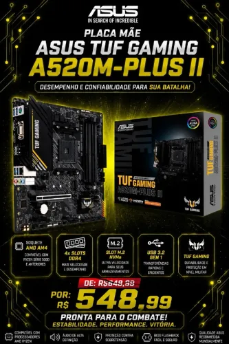 Placa Mãe Asus TUF Gaming A520M PLUS II, AMD AM4, 4x Slots DDR4, USB 3.2, Slot M.2 NVMe - 