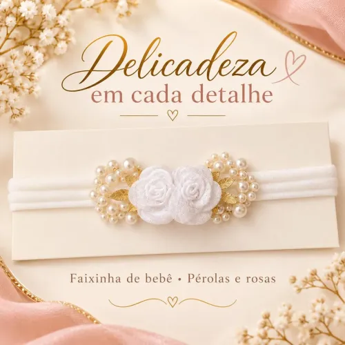 Faixinha de Bebê com Rosas Brancas e Pérolas
