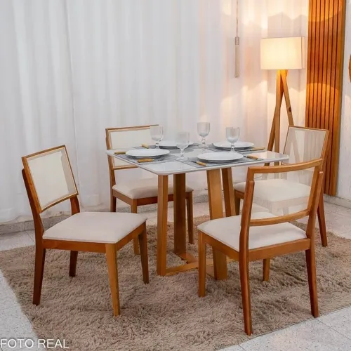 Mesa de Jantar 90x90 Vidro Off/Base Madeira + 4 Cadeiras Madeira Maciça