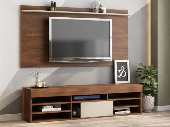 Rack Bela c Painel Ravena 55? Imbuia/Off white Até 12x - Frete Grátis