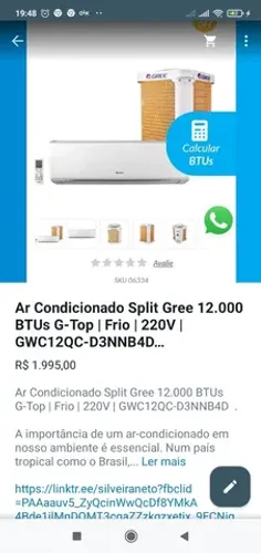AR CONDICIONADO SPLIT GREE 12000 BTUS G-TOP 220 