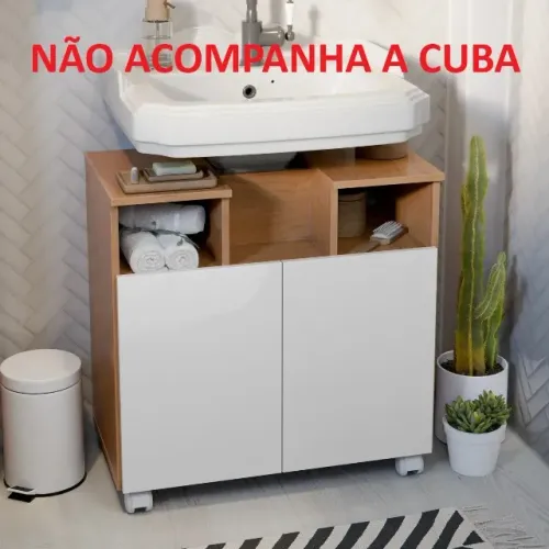 Armário de Banheiro para Pia de Coluna com Rodízios - Amadeirado/Off White 66 cm