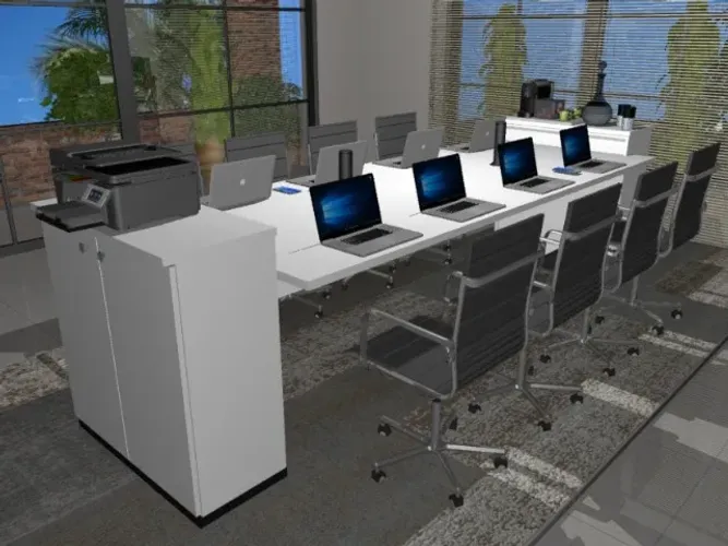 Mesa de Reunião Corporativa Com Torres de Tomadas: L344cm x L100cm x A90cm.
