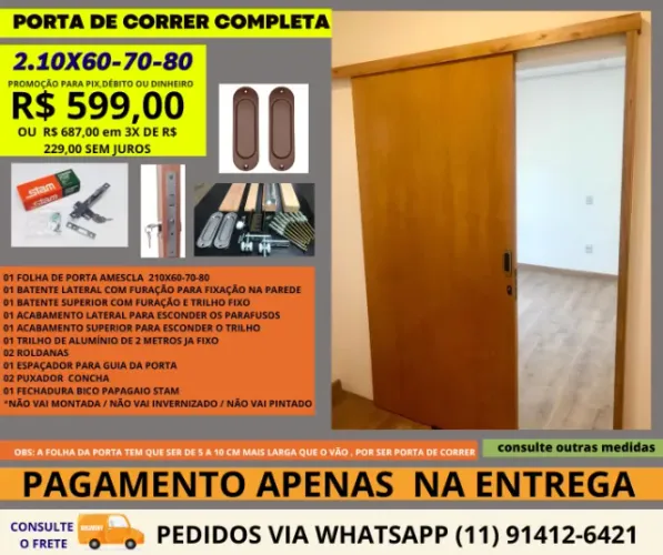 Porta de Correr Completa Modelo House 2.10x80 - Pagamento apenas na entrega - frete a/c