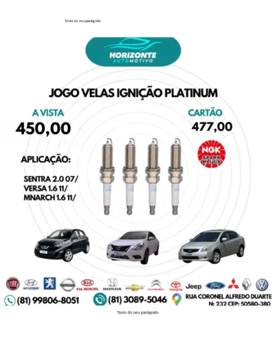 jogo vela ignição platinum sentra 2.0 tiida livina 1.8 2008/ fluence 2.0 2011/