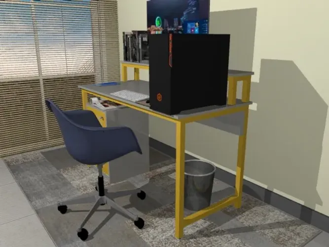 Mesa de Escritório Gamer com estrutura amarela e tampo em MDF Titânio
