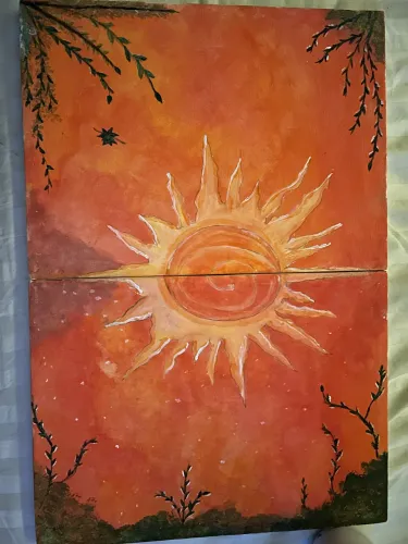 Quadro arte autoral de sol com arbustos nas bordas