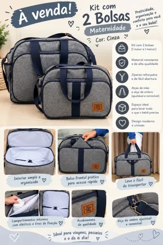 Kit 2 Bolsas de Maternidade - Cinza Praticidade para a mamãe e organização para o bebê