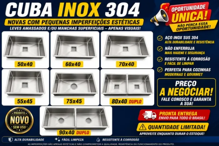 PIA CUBA INOX 304 COM PEQUENAS FALHAS ESTÉTICAS