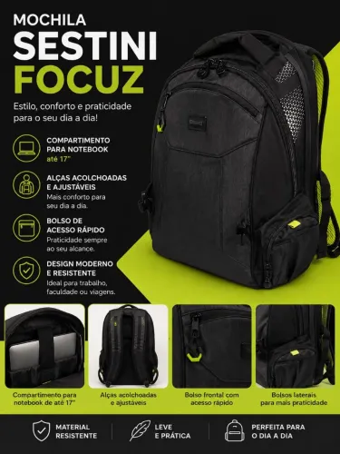 Mochila Sestini - modelo Focus - produto Novo - impermeável - para notebook