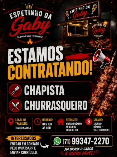 Vaga para auxiliar cozinha, chapista, churrasqueiro para espetinho
