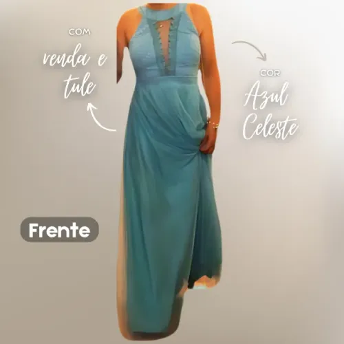 Vestido Longo Azul Celeste com Tule e Renda