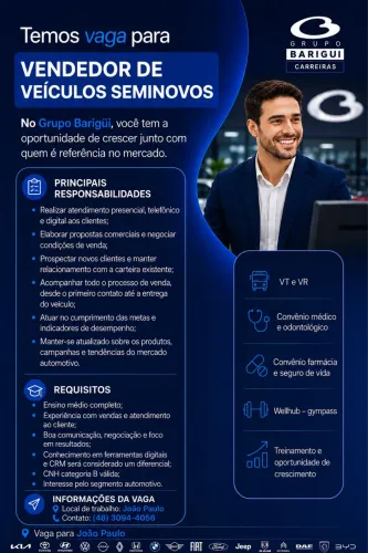 Vagas para Consultor de vendas de veículos seminovos