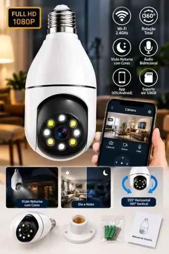 Câmera Lâmpada de Segurança Vigilância IP Wi-Fi 360° Visão Noturna FullHD
