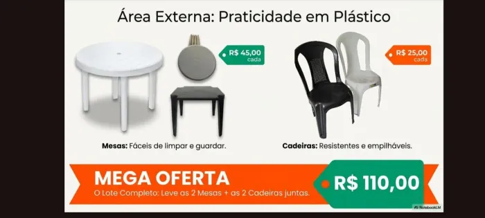 Mesas e cadeiras de plástico 