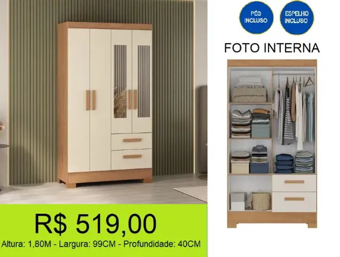 Roupeiro 4 portas já com espelho - Parcele sem juros