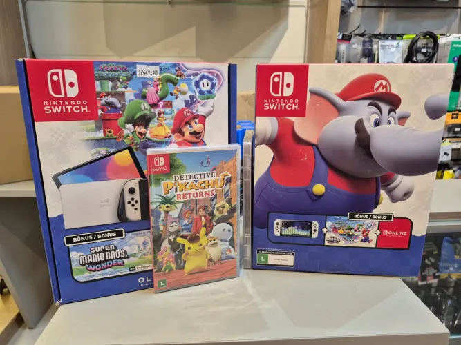 (NOVO E C/ NF) NINTENDO SWITCH OLED COM MARIO WONDER E DETECTIVE PIKACHU RETURNS