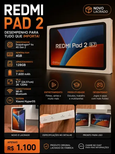 Redmi Pad 2 Xiaomi 4GB RAM 128GB Wi-Fi Novo Lacrado