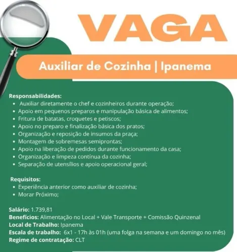 Auxiliar de Cozinha - Ipanema RJ