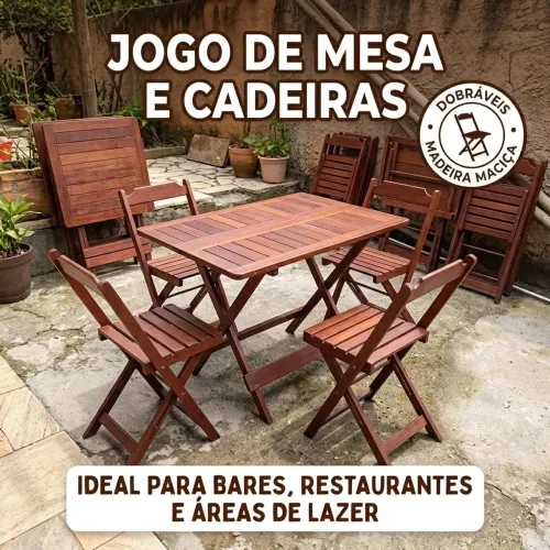 Lote de Mesas e Cadeiras Dobráveis em Madeira - Ideal para Bares, Eventos ou Área Gourmet