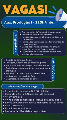 Auxiliar de Produção I - segunda à sexta - Colombo/PR